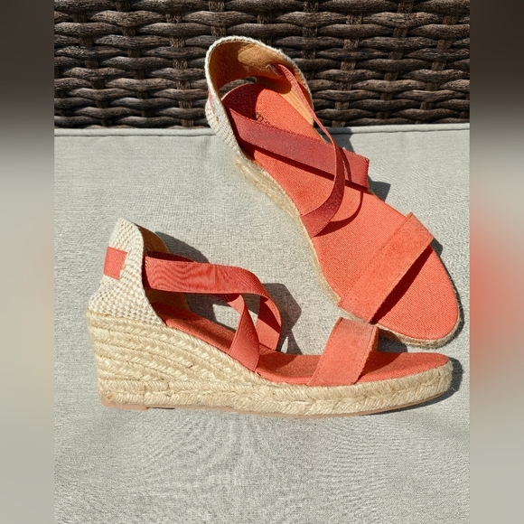 Maypol Spain Suede Coral Orange Wedges Sandals Elastic Bands Canvas Size 8.5 - Picture 3 of 7